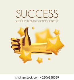 Success and finance luck concept with realistic gold hand and stars. Win, achieve, bonus, sale, special offer, making money and so on design template