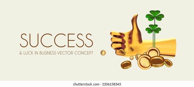 Success and finance luck concept with realistic gold hand, coins and shamrock (symbol of luck). Win, achieve, bank offer, bonus, sale, making money and so on design template