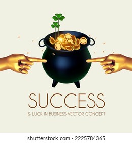 Success and finance luck concept with realistic gold hand, coins in pot of gold and shamrock (symbol of luck). Win, achieve, bank offer, bonus, sale, making money and so on design template