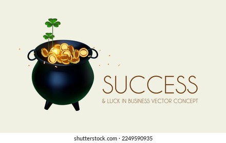 Success and finance luck concept with realistic gold hand, coins in pot of gold and shamrock (symbol of luck). Win, achieve, bank offer, bonus, sale, making money and so on design template