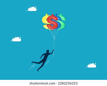 success and financial freedom. man flying with money balloons. business concept vector