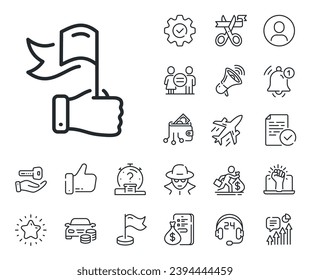 Success flag in hand sign. Salaryman, gender equality and alert bell outline icons. Leadership line icon. Winner symbol. Leadership line sign. Spy or profile placeholder icon. Vector