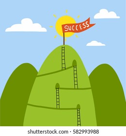 Success flag on high mountain cartoon vector illustration, business concept