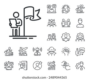 Success flag sign. Specialist, doctor and job competition outline icons. Leadership line icon. Winner symbol. Leadership line sign. Avatar placeholder, spy headshot icon. Strike leader. Vector