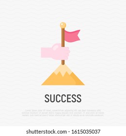 Success flat icon: human hand puts flag in mountain top. Leadership, winning, goal achievement. Modern vector illustration.