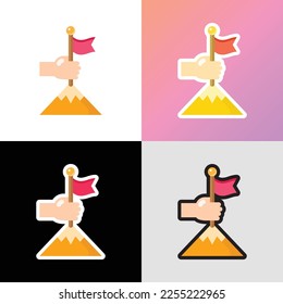 Success flat icon: human hand puts flag in mountain top. Leadership, winning, goal achievement. Modern vector illustration.