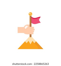 Success flat icon: human hand puts flag in mountain top. Leadership, winning, goal achievement. Modern vector illustration.