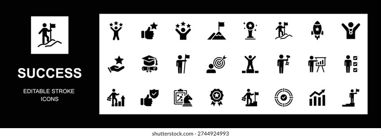 Success flat icon set. development, plan and process symbol. Successful business and personal development, award, growth, win, plan and growth symbols. Editable stroke. Vector illustration