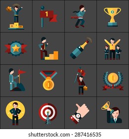 Success flat icons set with reward trophy champion champagne isolated vector illustration