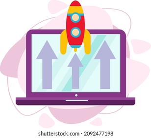 Success. Flat vector illustration. Launching a rocket from a laptop screen. A rocket taking off. Launching a business, launching a new product or service.