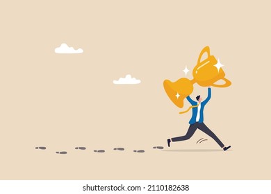 Success footprint, story from leader or winning entrepreneur, motivation to learn how success people achieve target concept, success businessman carrying big trophy walking leaving footprint to follow