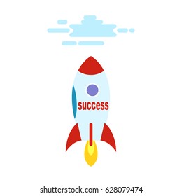Success in the form of rocket flies straight to heaven in cartoon style. Achieve top in business and hop off above clouds. Vector illustration of success in business. Rocket startup isolated on white