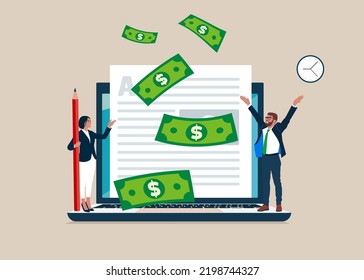 Success freelance woman and partner blogger or writer catching money banknotes fall from the sky. Make money from online, monetize content, get income or earning from affiliate links.