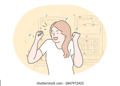 Success, gambling, luck, concept. Happy excited young woman winner character gambler enjoys jackpot money cash prize in casino slot machine. Goal achievement lucky winning game victory illustration.