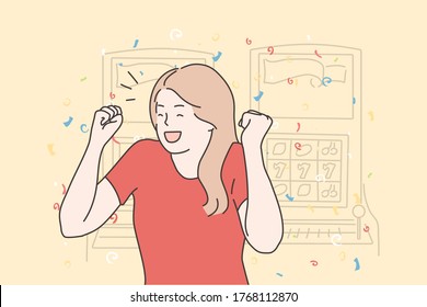 Success, game, victory, gambling concept. Happy cheerful excited young woman girl winner character gambler enjoying jackpot prize in casino slot machine. Goal achievement lucky winning illustration.