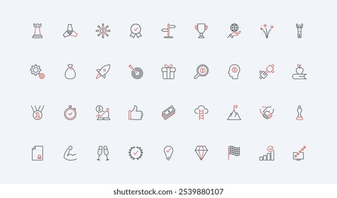 Success goal achievement and effective solution, opportunity line icon set. Racing flag and award, finance bonus of investment, profit growth thin black and red outline symbols vector illustration