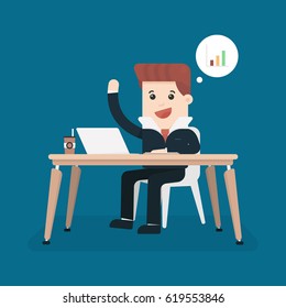 Success, goal achievement or good news concept. Happy businessman sitting neap computer and enjoying success with raised hands