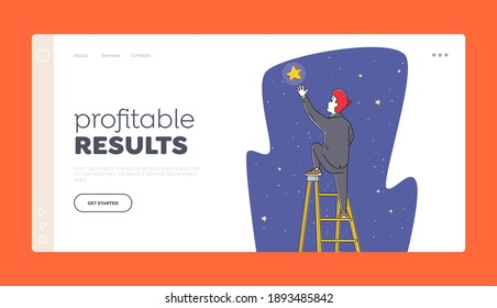 Success, Goal Achievement Landing Page Template. Businessman Character Climb Up Ladder above Clouds to Take Star from Sky. Follow Dream, Business Man Aiming Career Height. Linear Vector Illustration