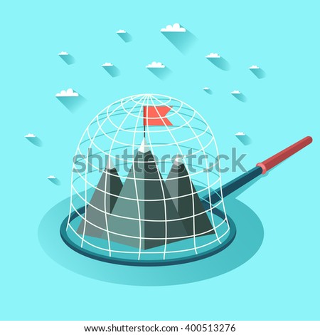 Success or Goal Achievement logo concept. Top of the mountains with red flag is caught by butterfly net. Goal in a trap. Vector colorful illustration in flat style