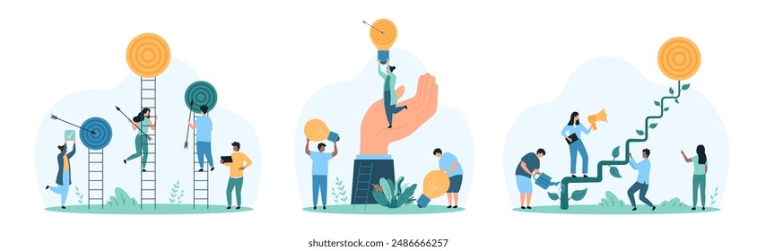 Logro del objetivo de éxito establecido. Las personas pequeñas suben escaleras para alcanzar el objetivo con la flecha, crecen los pasos de las escaleras de carrera de la planta, mano gigante que sostiene a la mujer con la Ilustración vectorial de dibujos animados de la bombilla