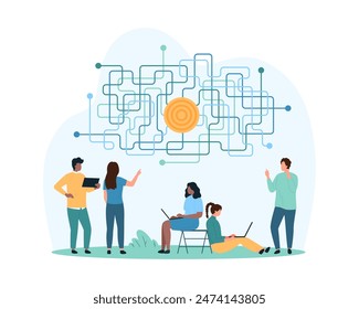 Success of goal achievement, solving complex problem. Tiny people think on complicated labyrinth to understand easy way to target, group process of finding smart idea cartoon vector illustration