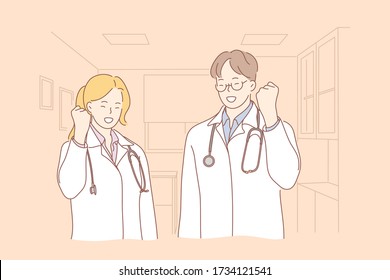 Success, goal achievement, winning, medicine concept. Team couple of young smiling man and woman boy girl doctors cartoon characters happy about victory. Reaching purposes and healthcare illustration.