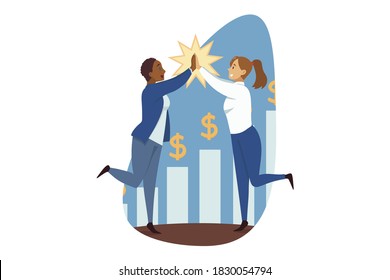 Success, goal achievement, winning, teamwork, business concept. Team of young african american businesspwomen winners clerks managers characters giving high five to each other. Successful investment.