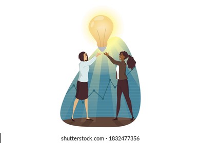 Success, goal achievement, winning, teamwork, business concept. Team of young african american businesswomen clerks managers characters holding light bulb. Successful trouble solution idea creation.