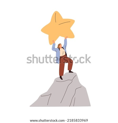 Success, goal achieving concept. Business woman winner with star standing on top of career peak, mountain cliff. Victory and target achievement. Flat vector illustration isolated on white background