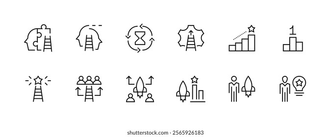 Success and goal icon collection. Business values, productivity, vision, quality, innovation, consistency, achievement, experience, focus and more. Editable stroke. Pixel Perfect. Grid base 32px.