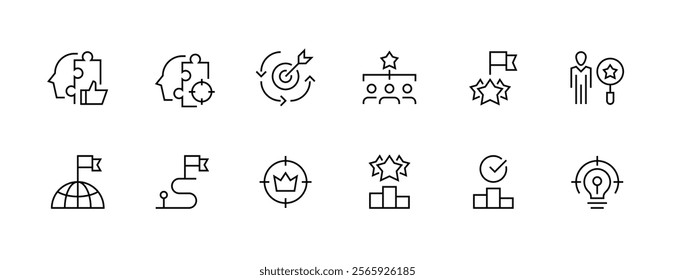 Success and goal icon collection. Business values, productivity, vision, quality, innovation, consistency, achievement, experience, focus and more. Editable stroke. Pixel Perfect. Grid base 32px.