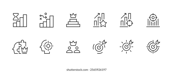 Success and goal icon collection. Business values, productivity, vision, quality, innovation, consistency, achievement, experience, focus and more. Editable stroke. Pixel Perfect. Grid base 32px.