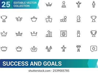 Ícone de sucesso e metas definido. Contendo meta, conquista, progresso, troféu, vencedor e muito mais. Ícones de vetor de linha mínimos e modernos.