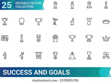 Success and Goals Icon Set. Containing target, achievement, progress, trophy, winner, and more. Minimal and modern line vector icons.