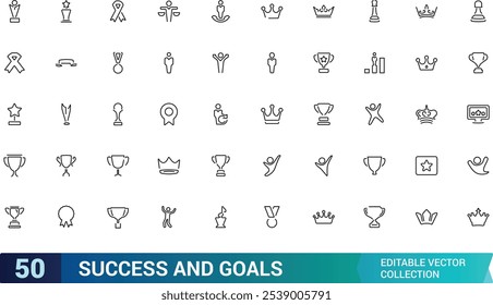 Success and Goals Icon Set. Containing target, achievement, progress, trophy, winner, and more. Minimal and modern line vector icons.