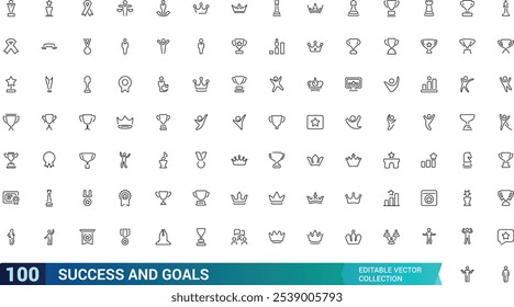 Success and Goals Icon Set. Containing target, achievement, progress, trophy, winner, and more. Minimal and modern line vector icons.