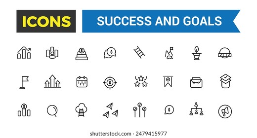 Success and Goals Vector Icons Collection. Outline icons pack. Editable vector icon and illustration.