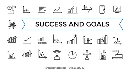 Success and Goals Vector Line Icons Collection. Contains related to Achievment, Handshake, Victory and more. Outline icons pack. Icon collection. Editable vector icon and illustration.
