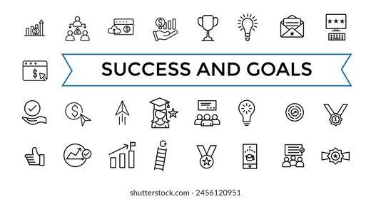 Success and Goals Vector Line Icons Collection. Contains related to Achievment, Handshake, Victory and more. Outline icons pack. Icon collection. Editable vector icon and illustration.