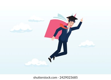 Success graduated student flying with book wings in the sky aim for bright future, education or academic on personal development, knowledge to empower career growth and improve business skill (Vector)