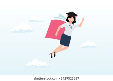 Success graduated student flying with book wings in the sky aim for bright future, education or academic on personal development, knowledge to empower career growth and improve business skill (Vector)