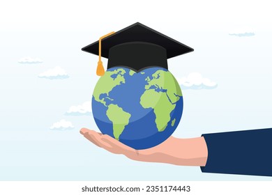 Erfolgreiche Absolventen, die mit einem Mütze aus akademischen Motiven die Form eines Globalbildes haben, einen Lehrplan für Welterziehung im Ausland, eine Schule in Übersee, eine Hochschule und eine Universität oder einen internationalen Akademiker (Vektor) absolvieren