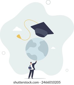 success graduated student holding globe shape wearing academic mortarboard hat.flat vector illustration.