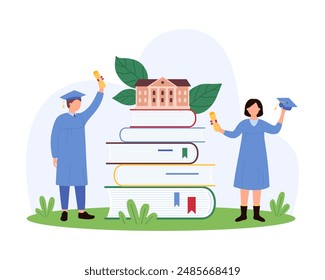 Success graduation of school, university or college, education for skill development and academic knowledge. Tiny graduates in caps celebrate diploma at book stack cartoon vector illustration