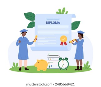 Success graduation of school, university or college, online training course. Tiny people celebrate diploma with seal, graduates in hats and academic gowns holding scrolls cartoon vector illustration