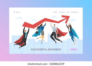 Success graph achievement, super people flying vector illustration. Business leadership strategy, cartoon diagram chart arrow. Flat man woman superhero with strong financial power.