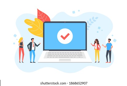 Success. Group of people with thumbs up and laptop with check mark on screen. Task complete, job done, good service concepts. Modern flat design. Vector illustration