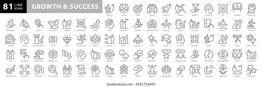 Conjunto de iconos editables de éxito y crecimiento. Ilustración vectorial en estilo de línea delgada moderna de iconos de negocios: crecimiento personal, profesional y financiero, progreso, carrera