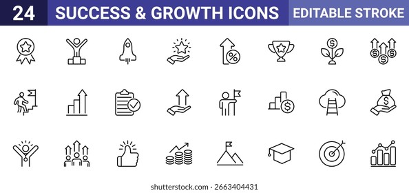 Erfolg und Wachstum editierbare Stroke Vector Icon Set - Trophy, Rakete, Medaille, Ziel, Daumen hoch, Money Bag, Chart, Award, Flag, Graduierung, Leiter, Stern, Pflanze, Münzen, Errungenschaft, Ziel, Gewinner