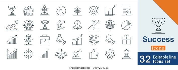 Erfolg und Wachstum editierbare dünne Linie Symbole gesetzt. Fortschritt, Karriere, Profit, Wachstum, Entwicklung editierbares Strichsymbol. Vektorgrafik